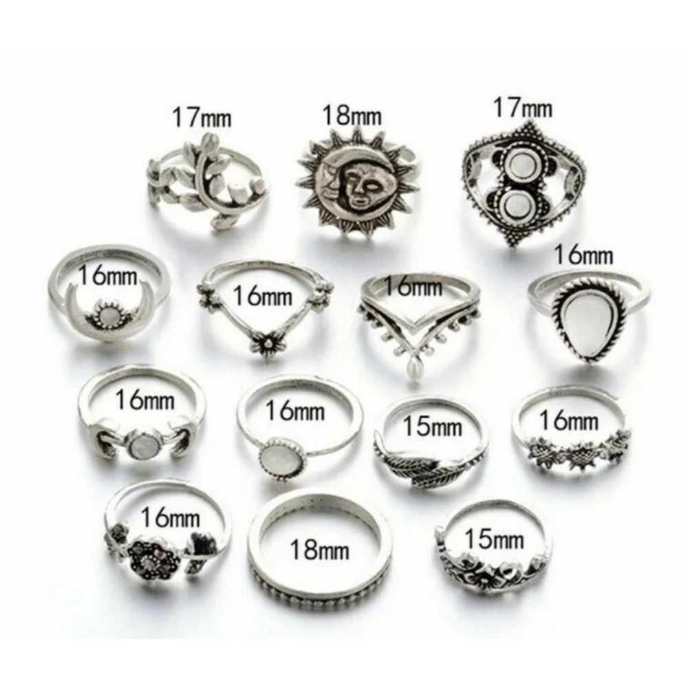 Antique silver opal, flower, sun & moon themed 14 piece boho stackable ring set - Picture 2 of 5